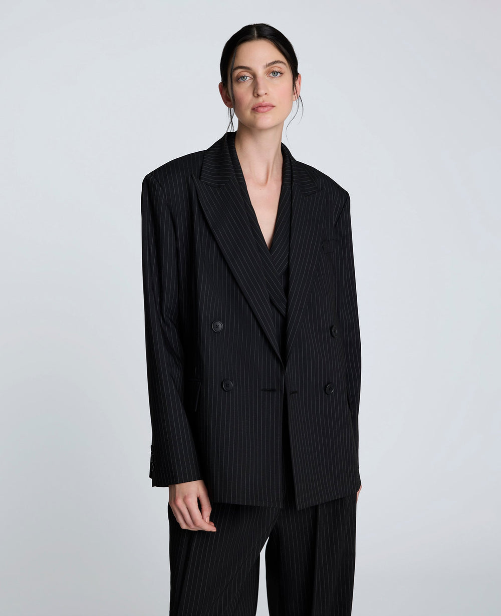 Pinstripe Double Breasted Boyfriend Jacket Black/Oyster