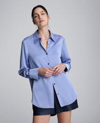 Satin Button Front Blouse Blue Grey