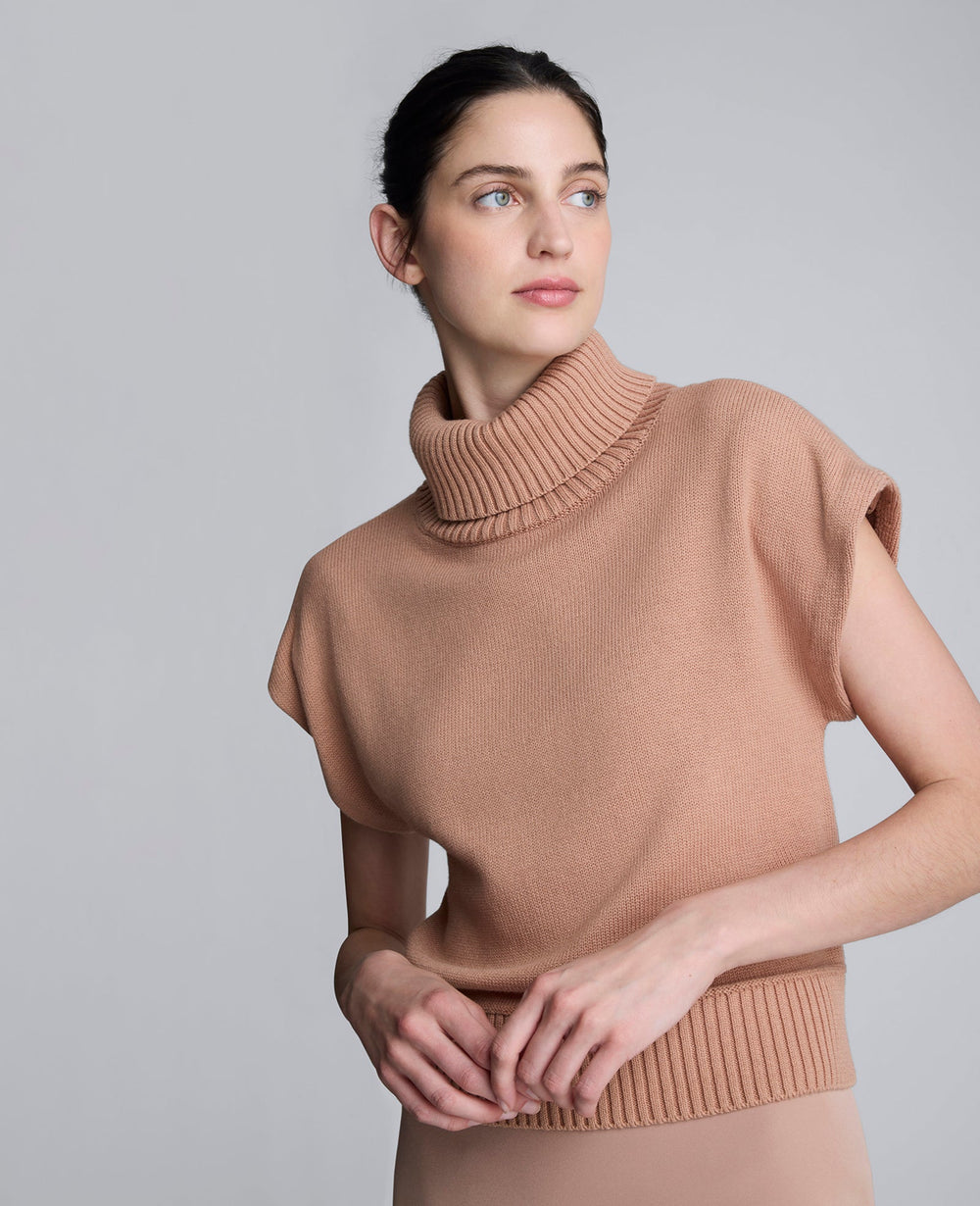 Sleeveless Mockneck Sweater with Shoulder Pads Pale Chestnut