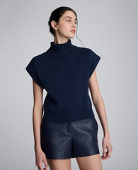 Sleeveless Mockneck Sweater with Shoulder Pads Dark Navy