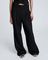 Pinstripe Pleat Front Wide Leg Pant Black/Oyster