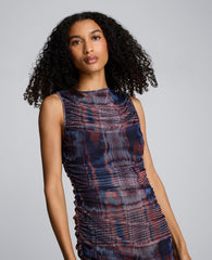 Printed Mesh Fully Ruched Modern Midi Dress Dark Navy Multi