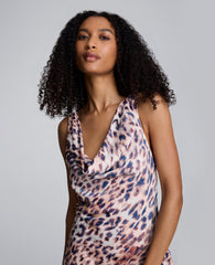 Printed Satin Asymmetric Hem Cowl Front Dress Russet Multi