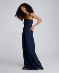 Strapless Denim Maxi Dress with Seaming Midnight Rinse Wash