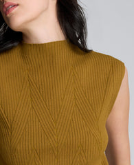 Large Chevron Stitch Sleeveless Mock Neck Sweater Dk Moss