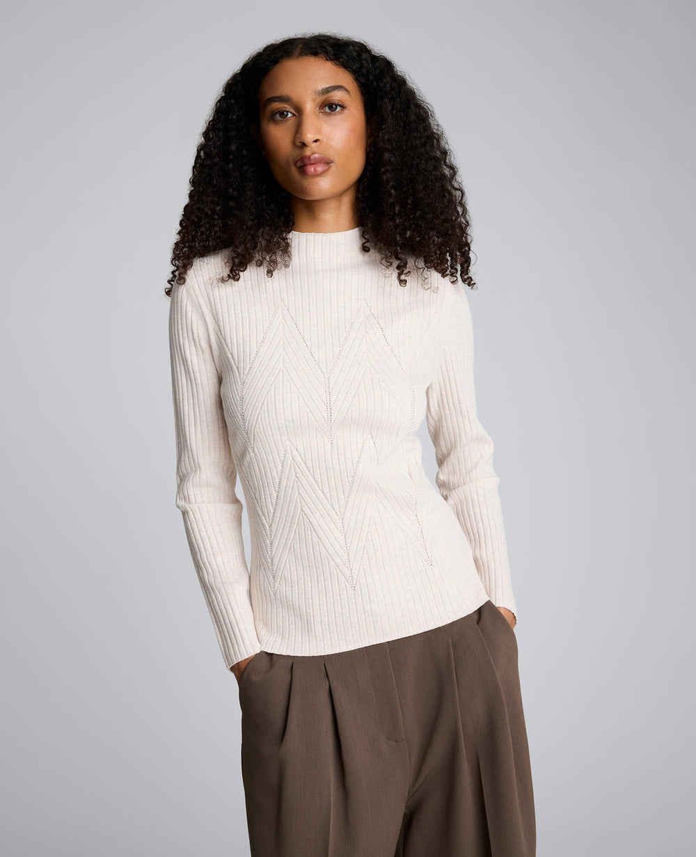 Mock Neck Long Sleeve Rib Chevron Sweater Almond Milk Heather