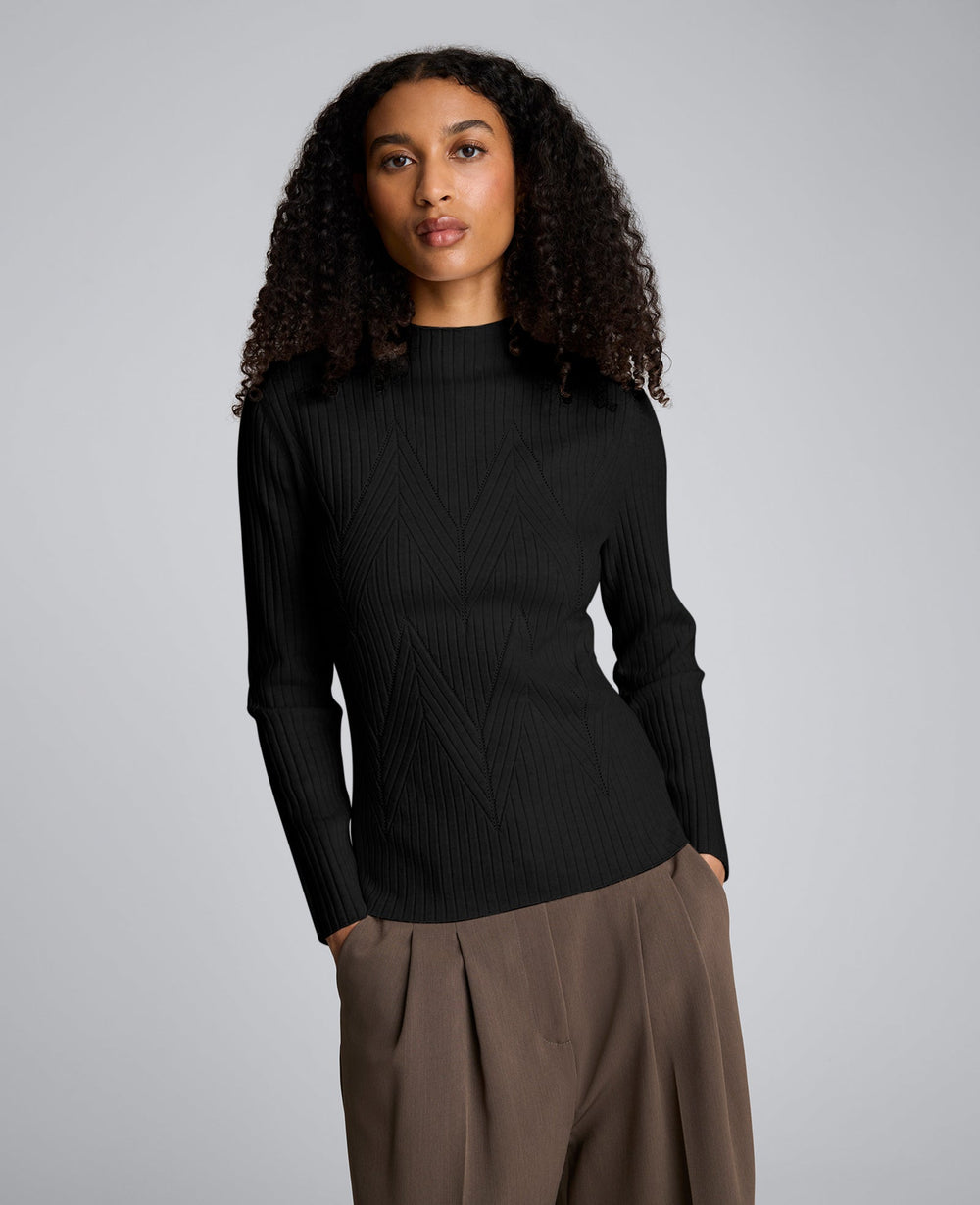 Mock Neck Long Sleeve Rib Chevron Sweater Black