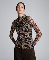 Long Sleeve Animal Printed Center Front Turtleneck Knit Ruched Top Black Multi