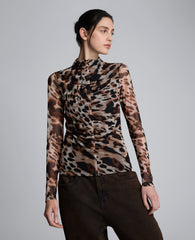 Long Sleeve Animal Printed Center Front Turtleneck Knit Ruched Top Black Multi