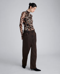 Long Sleeve Animal Printed Center Front Turtleneck Knit Ruched Top Black Multi