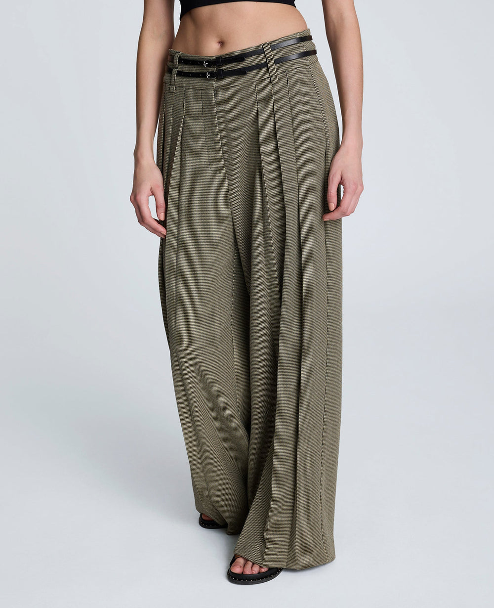 Houndstooth Wide Leg Double Belted Pant Black/Almond Milk