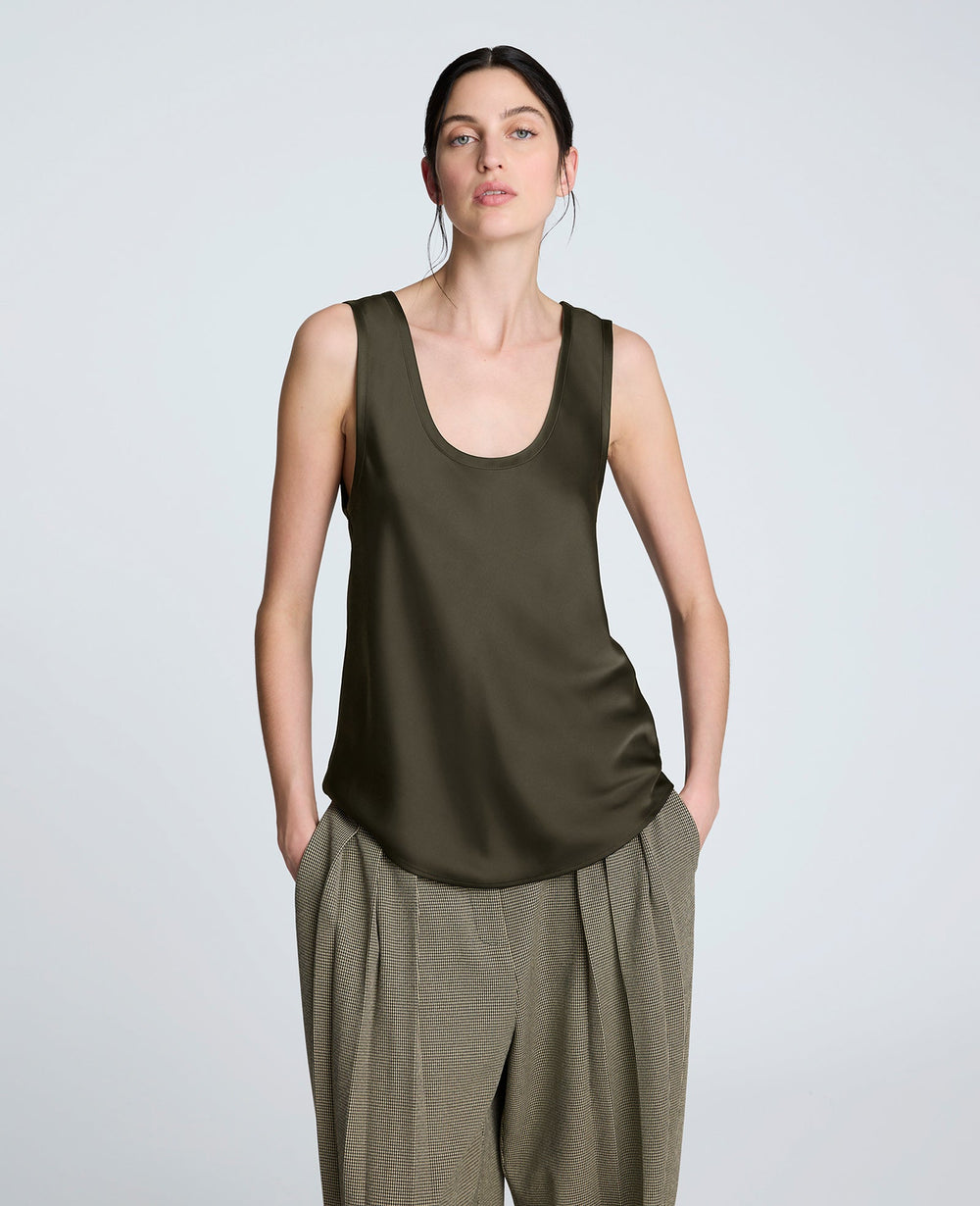 Satin Scoop Neck Tank Pewter Green