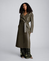 Seamed Vegan Leather Trench Jacket Olive Green
