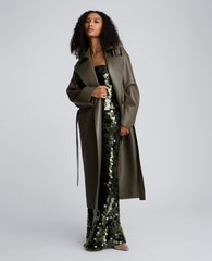 Seamed Vegan Leather Trench Jacket Olive Green