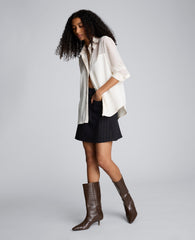 Long Sleeve Button Front Sheer Detail Woven Shirt Oyster
