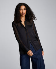 Long Sleeve Button Front Sheer Detail Woven Shirt Black