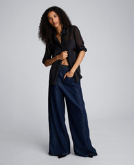 Long Sleeve Button Front Sheer Detail Woven Shirt Black