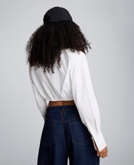 Strong Shoulder Cropped Poplin Button Front Shirt Pure White