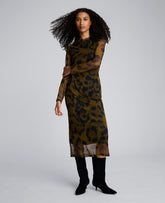 Printed Mesh Knot Front Long Sleeve Midi Dress Olive Green Multi