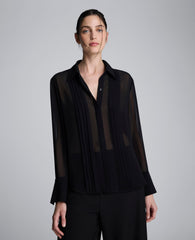 Chiffon Pleated Long Sleeve Blouse Black