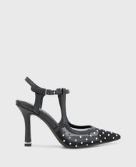 Romi Mesh Micro Stud Ankle Slingback Heel Black Stud Mesh