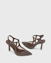 Romi Mesh Micro Stud Ankle Slingback Heel Brown Mesh