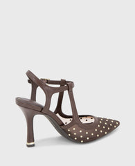 Romi Mesh Micro Stud Ankle Slingback Heel Brown Mesh