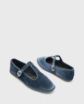 Verona Velvet T-Strap Mary Jane Flat Blue Velvet