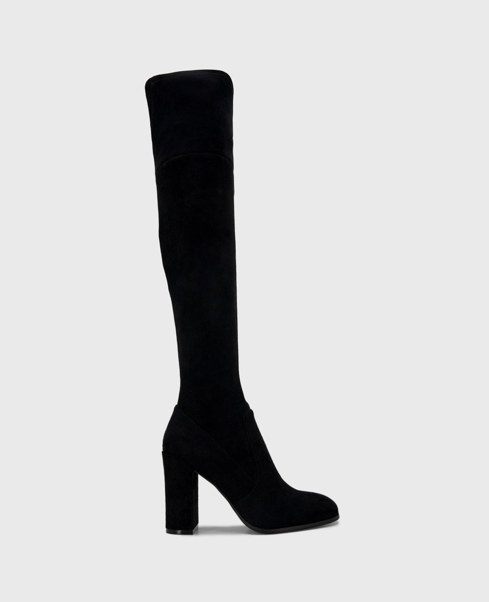 Josie Suede Tall Knee Heeled Boot Black
