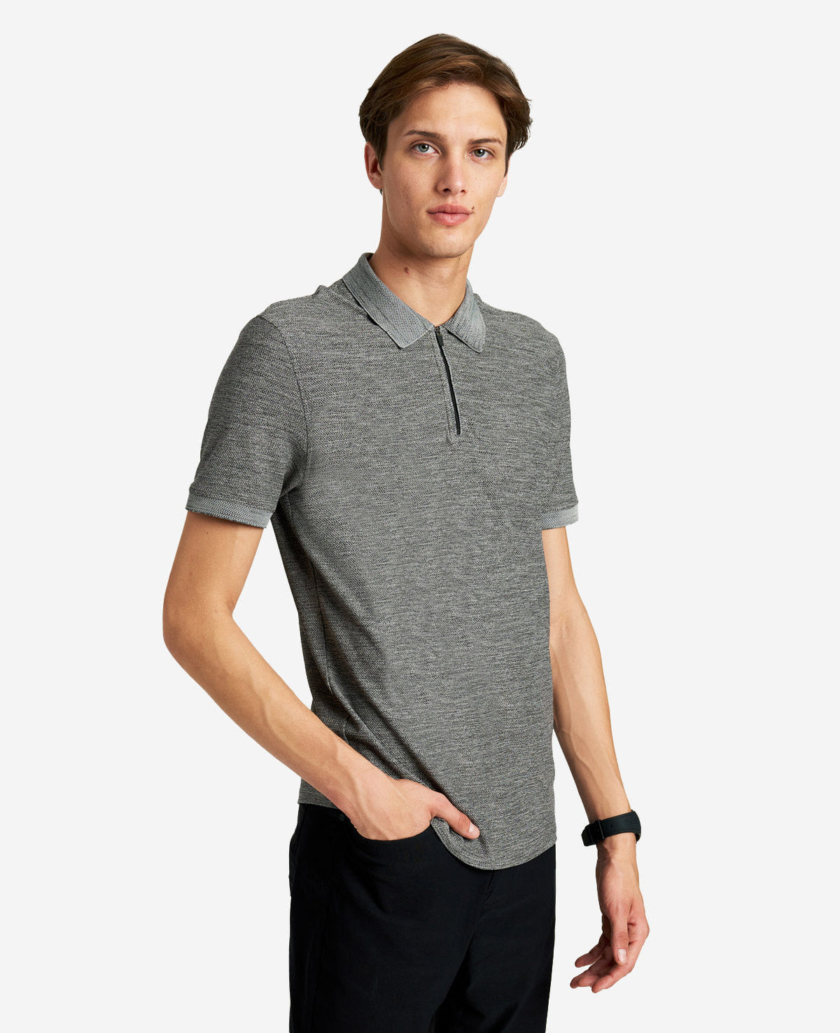 Zip-Up Knit Polo Grey Heather