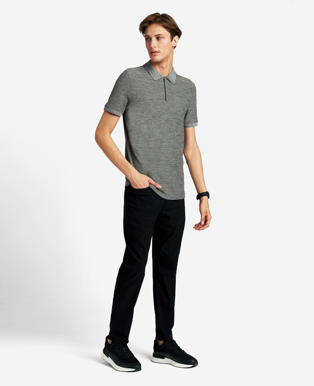 Zip-Up Knit Polo Grey Heather