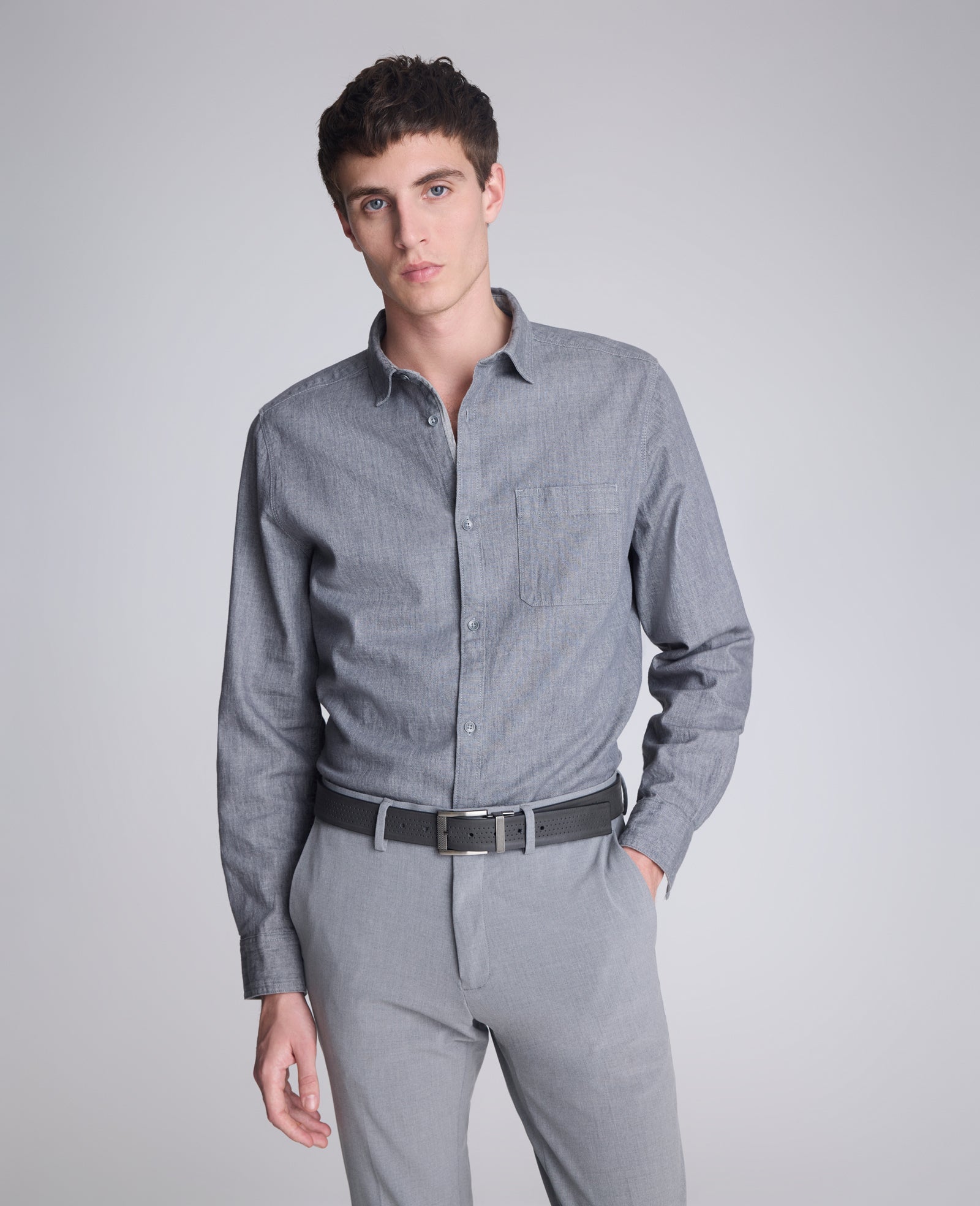 Slim-Fit Organic Stretch Denim Shirt Grey