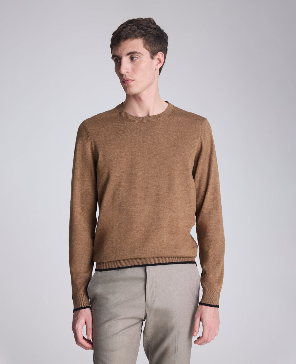 Crew Neck Sweater with Tipping Details Heather Brown