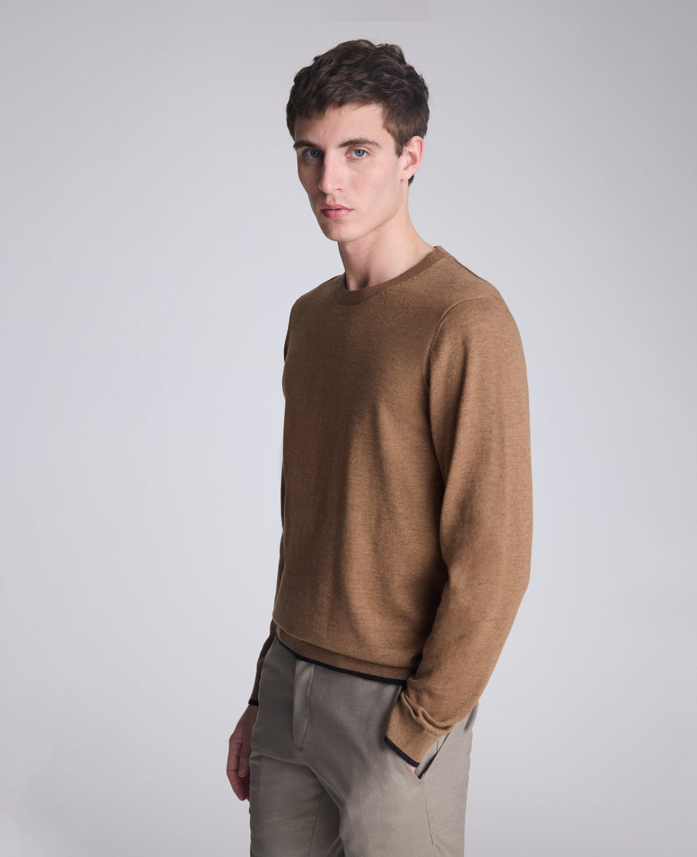 Crew Neck Sweater with Tipping Details Heather Brown