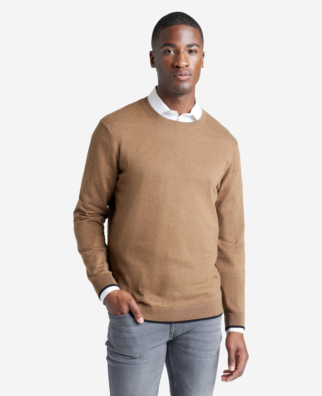 Crew Neck Sweater with Tipping Details Heather Brown