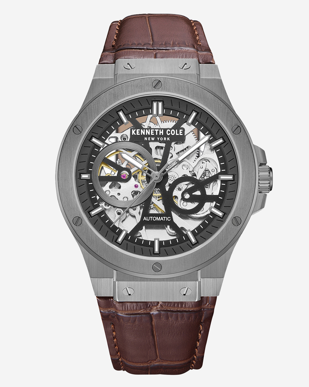 Automatic Gunmetal Watch with Brown Leather Strap Brown
