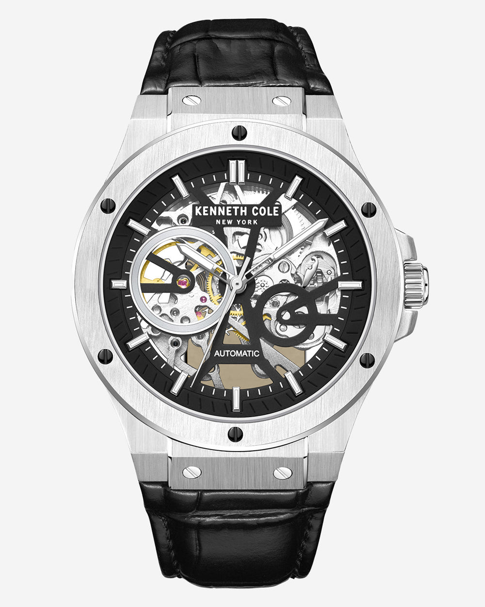 Automatic Stainless Steel Watch with Black Leather Strap Black