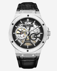 Automatic Stainless Steel Watch with Black Leather Strap Black