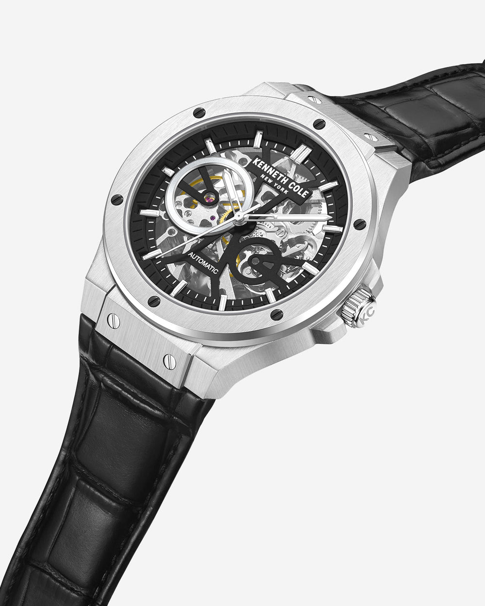 Automatic Stainless Steel Watch with Black Leather Strap Black