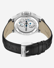 Automatic Stainless Steel Watch with Black Leather Strap Black