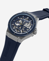Automatic Two-Tone Gunmetal Stainless Steel Watch with Blue Leather Strap Blue Dark