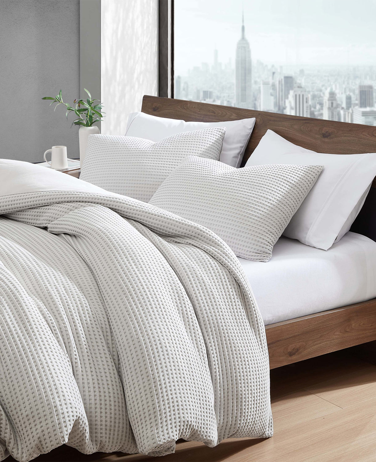 Reversible Solid Grey Waffle Duvet Cover Set Grey