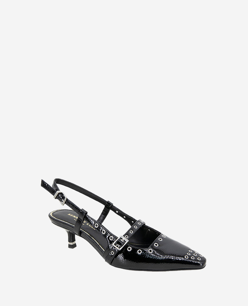 Martha Patent Eyelet Slingback Kitten Heel Black Patent