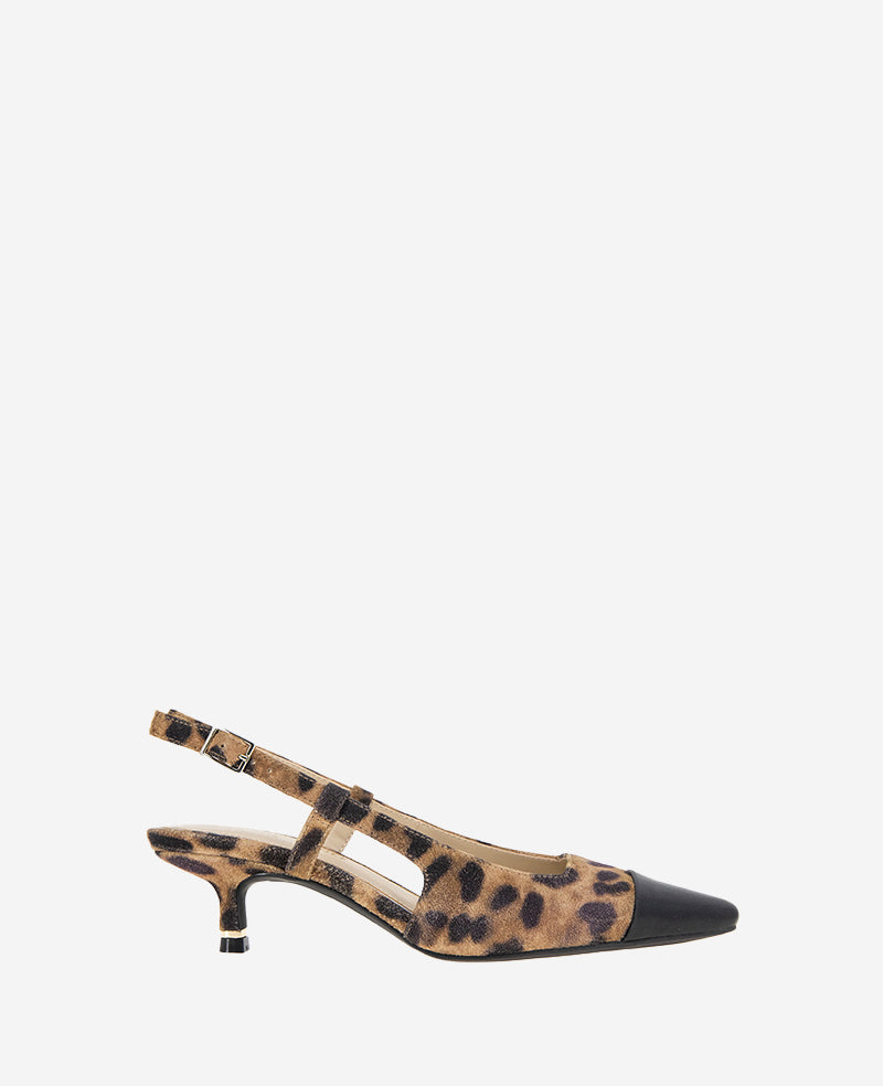 Martha Leopard Suede Cap Toe Slingback Kitten Heel Leopard Suede
