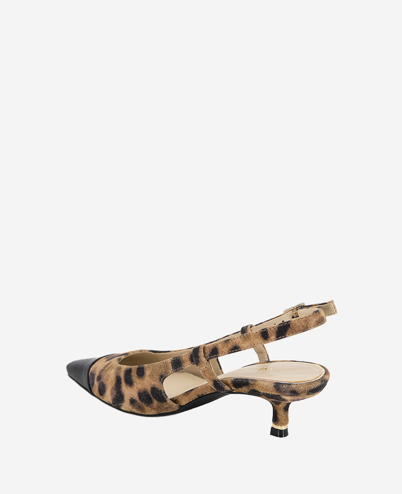 Martha Leopard Suede Cap Toe Slingback Kitten Heel Leopard Suede