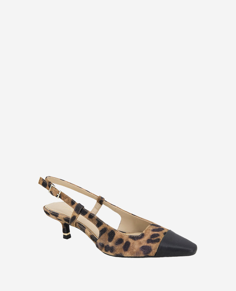 Martha Leopard Suede Cap Toe Slingback Kitten Heel Leopard Suede