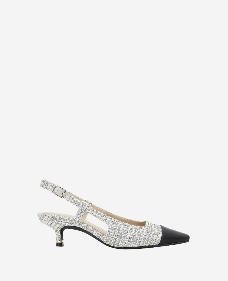 Martha Tweed Cap Toe Slingback Kitten Heel Grey Fabric