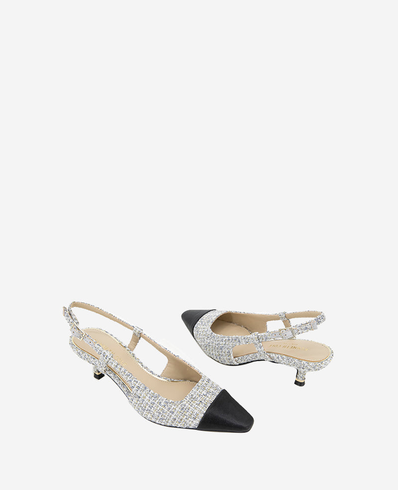 Martha Tweed Cap Toe Slingback Kitten Heel Grey Fabric