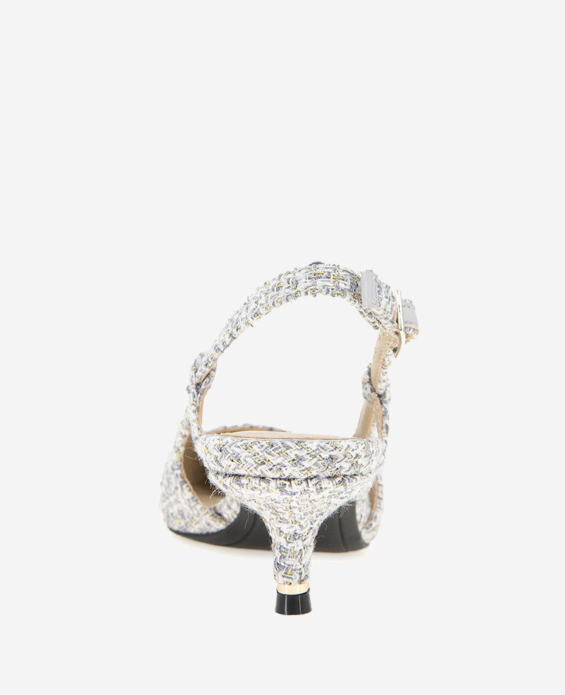 Martha Tweed Cap Toe Slingback Kitten Heel Grey Fabric