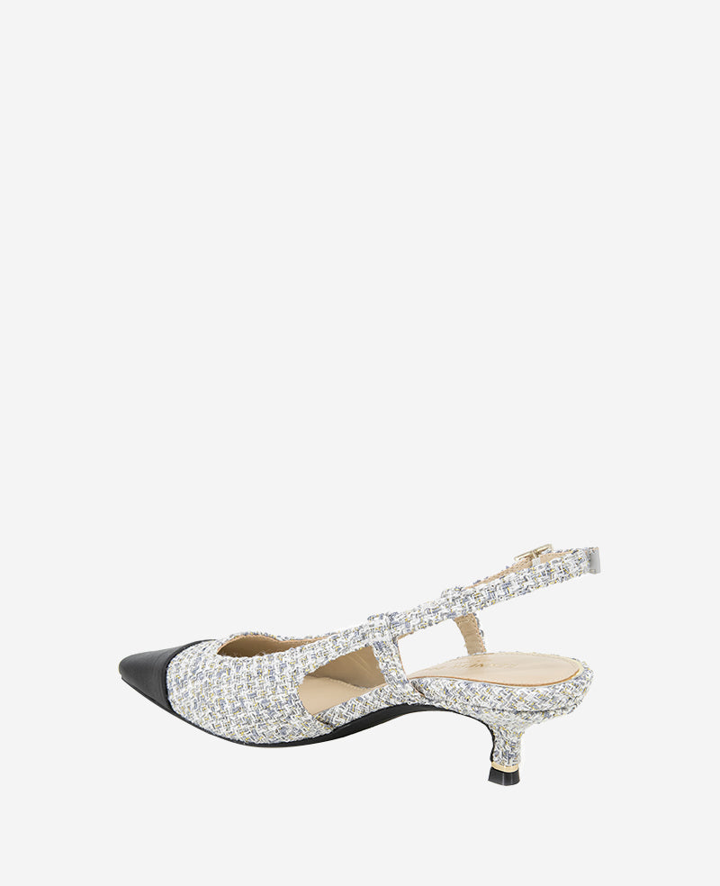 Martha Tweed Cap Toe Slingback Kitten Heel Grey Fabric